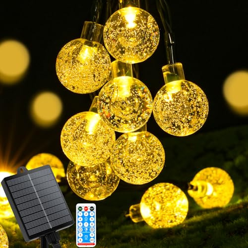 AUAUY Solar Lichterkette Aussen Wetterfest 11m 60 LED 8 Modi IP65, Warmweiß | Kristall Kugeln, Außen/Innen Lichter Beleuchtung, für Balkon, Terassen, Garten Bäume, Weihnachten, Partys, Fenster