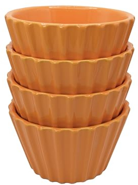 Set of 4 Ramekin Set, 5oz Soufflé Dishes Ribbed Design, Stackable Baking Set for Pudding, Custard, Fruits, Dips, Microwave, Oven and Dishwasher Safe (Orange)