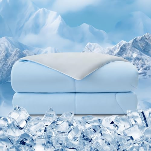 EMME Kühldecke Sommerdecke Kühlend - 155 x 220 cm Doppelseitig Kühlende Decke Arc-Chill Q-Max>0,45 Kühlende Bettdecke Dünne Steppdecke Cooling Blanket Kuscheldecke, Blau