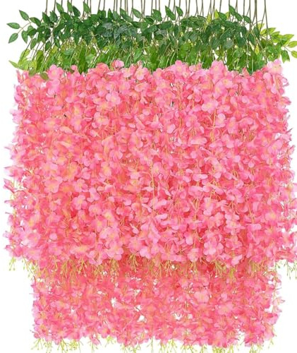 OUKEYI Künstliche Glyzinien-Blumen-Girlande, 100 cm, Seidenblumen, hängende Rebe für drinnen und draußen, Haus, Garten, Weihnachten, Hochzeit, Party, Dekoration (Dunkelrosa), 12 Stück