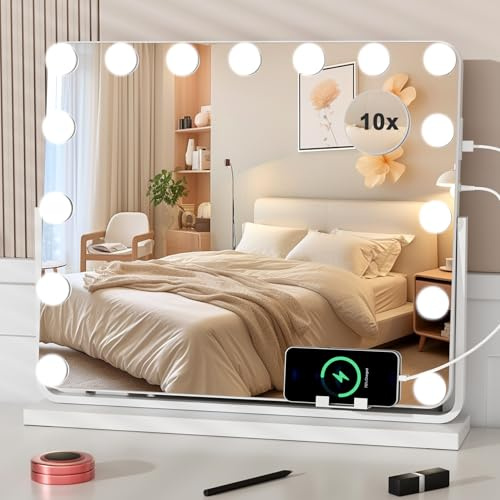 Sealong Hollywood Schminkspiegel mit Beleuchtung 57x49cm, Kosmetikspiegel mit 15 LED, 360° Drehbarer Schminktisch Spiegel mit Licht, 3 Lichtfarben, Dimmbarer, mit USB und 10x Lupe