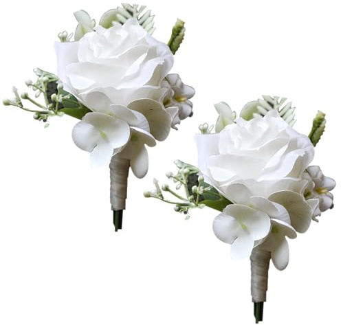 YANJINGHE 2 stycken rosblomma, boutonniere knappnål, bröllop, nålblomma, handgjorda konstgjorda blommor, män, knappblomma med stift för bröllop, bal, fest (vit E)