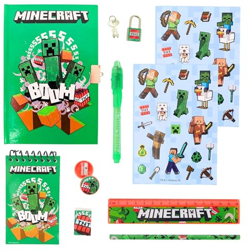 Minecraft Schreibwarenset, Enthält Lineal, Bleistift, Stift, Aufkleber, Radiergummi, Spitzer, Notizbuch und Schloss mit Schlüsseln, Geschenk Schreibwarenset für Jungen