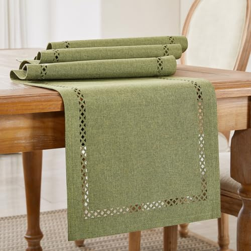 Wracra Runner Verde Salvia da Tavolo, Runner Tavola Moderno Traforato | 90 cm, doppio tessuto, rustico, stile lino, lavabile, resistente al calore, cucina, decorazione della casa, quotidiano