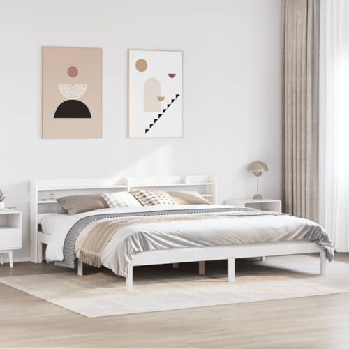 Homvdxl 200x200 cm Bettgestell mit Stauraum, Super King Holzbettrahmen mit Ablageregal & Kopfteil, Massivholzbetten mit Lattenstütze, kein Boxspring erforderlich - Weiß