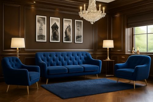 A&J MöbelLand GmbH Polstergarnitur Benito: 3-Sitzer Sofa + 2 Sessel – Wohnzimmer Set, modernes Design, Bonellfederkern, langlebige Qualität, Bezug in Dunkelblau