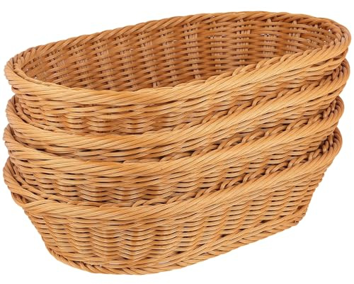 HEIYUET 4 Stück Brotkorb Geflochten Oval, 30 x 20 x 7 cm Weidenkorb Brötchenkorb Ovaler Aufbewahrungskorb, Rattan Korb Ovale Mehrzweckkorb für Obst, Brot, Gemüse