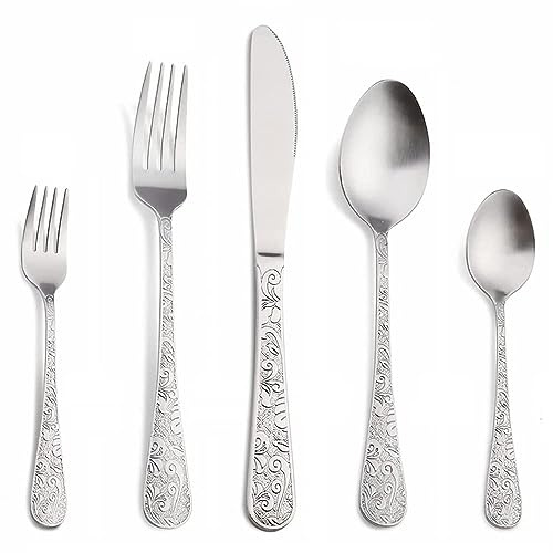 60 Piece Cutlery Set for 12, Stainless Steel Cutlery Set, Modern Imperial Flatware Set, Include Knife/Fork/Spoon & Long Teaspoon/Salad Fork Dishwasher Safe Cutlery Carving