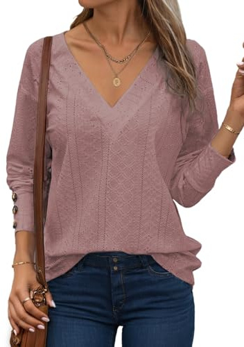 Dokotoo Blouses for Women Dressy Casual Eyelet Embroidered Tops for Women Fall Fashion 2026 V Neck Long Sleeve Work Teacher Shirts Ladies Elegant Light Purple Blouses L