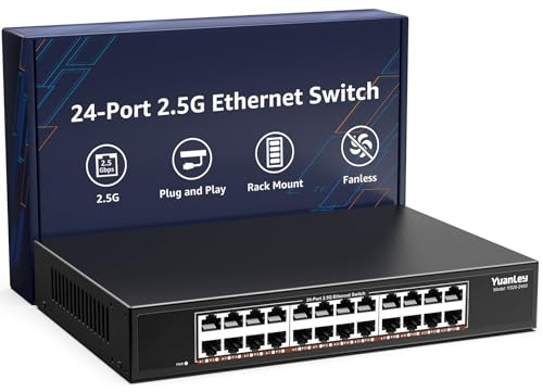 YuanLey 24-Port 2.5G Ethernet Switch, Unmanaged Multi-Gigabit Switch mit 24×2.5G RJ45-Ports, 120Gbps Switching-Kapazität, Lüfterloses Metallgehäuse, Desktop/Rackmount Netzwerk-Switch für NAS, WiFi 6