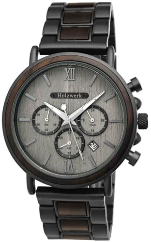 Holzwerk Germany Handgefertigte Designer Herren Uhr Öko Natur Holz Uhr Chronograph Armband Analog Holzuhr Quarz Braun Schwarz Grau Römische Ziffern Datum Holz