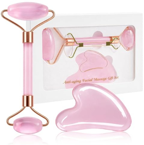 Rodillo de masaje facial de cuarzo rosa natural y rallador Gua Sha Cara en forma de corazón, doble rodillos para un cuidado relajante, mejora de la circulación y esculpir el contorno facial