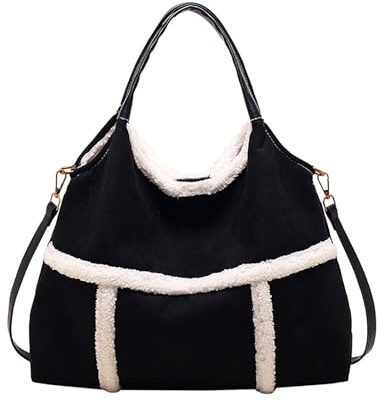 Damväska i mocka, fodrad med konstläder i lammull, axelremsväska i vintage-stil med stor kapacitet, plysch(Black)