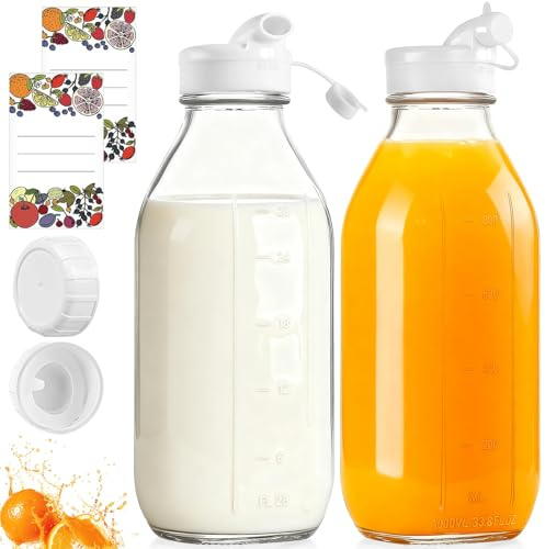 Lot de 2 Bouteilles en Verre 1 Litre avec 2 Bec Verseur Silicone, Conteneur Qualité Alimentaire Transparentes Réutilisables pour Lait Frais, Smoothies, Jus Fruits, Kombucha et Miel(Ne pas congeler)