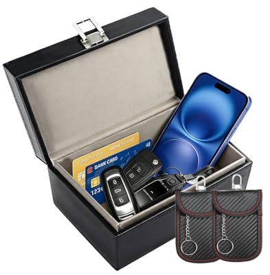 Keyless Go - Scatola di protezione per chiavi auto, 19 x 12 x 9 cm, grande Faraday Box e 2 custodie Faraday per chiavi auto, in pelle, antifurto, con segnale RFID