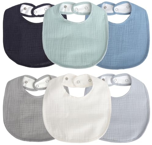 ZRUEWOT Babyhaklappar, muslin, set om 6, mjuka och absorberande spottdukar för nyfödda, justerbar haklapp unisex, av bomull för pojkar och flickor