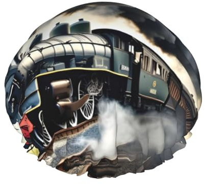 Steam Train Clouds Print Shower Cap, Lined Shower Cap For Women Reusable, Double Layer Waterproof Bath Cap