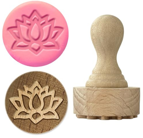 OLYCRAFT Sellos de madera de loto floreciente con asa, 43 x 27 mm, sello de arcilla de madera, sellos de cerámica de madera de haya, sello de cerámica, mango de madera, herramientas de cerámica para