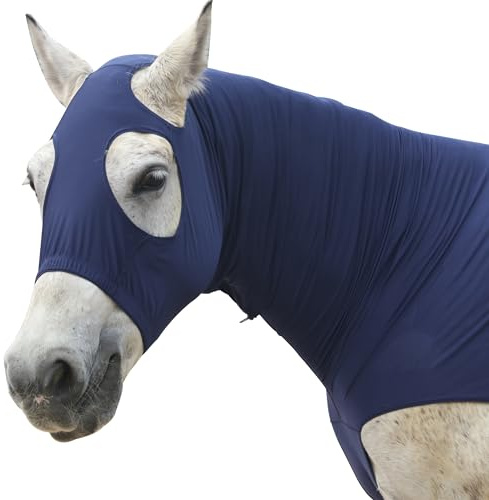 Gallopoff Cagoule élastique pour Chevaux, avec Fermeture éclair, Bleu01 L | Protège la crinière, respirant et anti-frottements. Largeurs des ouvertures pour les yeux et les oreilles.