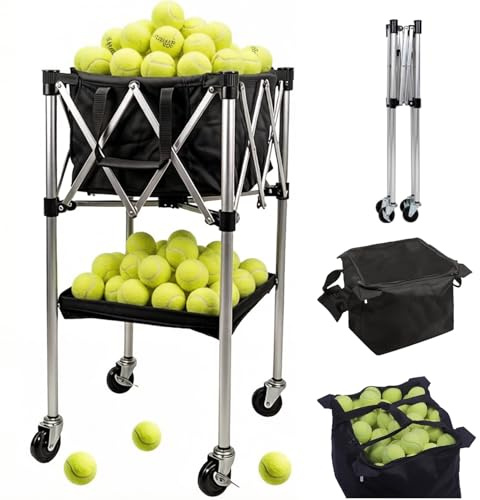 Tennis Ball Cart with Wheels,Portable Foldable Aluminum Alloy Sports Teaching Cart Tennis Balls Basket with 360° Swivel Wheels&Removable Handbag&Bottom Tray,Hold Up to 200 Balls for Training Coach
