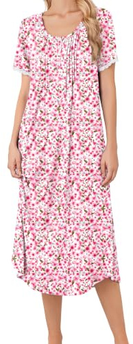 Ekouaer Nighties For Women Long Summer Nightgown Short Sleeve Nightdress | A-line silhouette, round neckline, lace trim on the sleeves,flowing drape for home, travel, beach holiday, city stroll