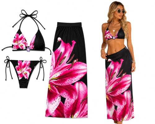 Costume da Bagno Donna Bikini a Triangolo con Lacci e Slip (Coppe Estraibili)– Fantasie Floreali e Animalier – Set Due o Tre Pezzi Mare Piscina (IT, Testo, L, Regular, Regular, Esotico Fiore Rosa)