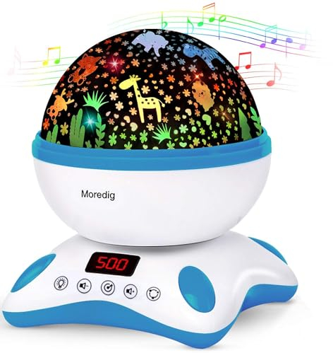 Moredig Baby Projector Night Light, Night Light Kids Projector with 12 Music and Timer, Remote Kids Light for Bedroom with 8 Lighting Modes Gifts for Baby Boy - Blue [Energy Class A]