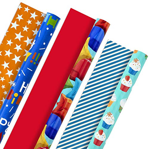 Hallmark Rotoli di carta da regalo per compleanno, con palloncini, stelle, cupcake, strisce blu, tinta unita rossa (set di 3 rotoli reversibili: 75 mq)