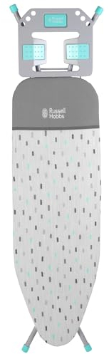 Russell Hobbs LA083234AQUA2FEU7 Collapsible Ironing Board – Foldable Ironing Table, Thick Felt Underlay with Stylish Cotton Cover, 7 Height Positions, Large Iron Rest with Hanger Holes, Non-Slip Feet