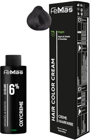 Set de coloración capilar FemMas Castaño Claro Frío 5.91 I Crema para el color del cabello 100ml + Oxycrema 100ml 6% I Coloración capilar permanente + revelador I Suave y duradero I Coloración capilar