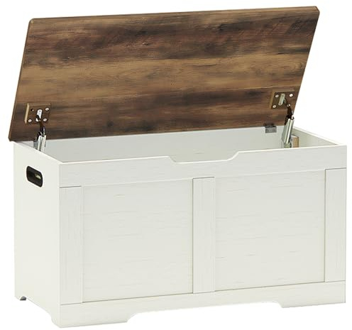 Timberer 31.5 Storage Chest, Wooden Storage Bench, Lift Top Toy Chest with 2 Safety Hinges, Large Toy Box, Entryway Shoes Bench for Living Room, Bedroom, Brown and Rustic White