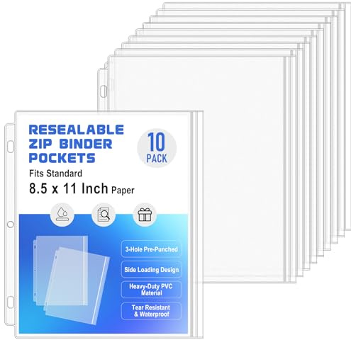 Antner 10 Pack Letter Size Binder Pockets 3 Ring Binder Zipper Pouch, 3-Hole Waterproof Resealable Zip Loose Leaf Insert Bags PVC Document Organizer Folders Page Sheet Protectors for 8.5x11 Paper