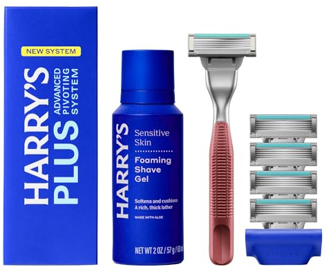 Harry's Plus Shaving Kit for Men - Premium Handle, 5 Razor Blade Cartridges, Foaming Shave Gel, and Travel Blade Cover - TSA Approved Travel Essentials - Advanced Pivoting System - Clay