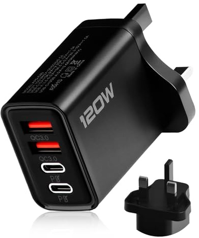 USB C Plug 5 Port 120W Charger Plug Fast Charging UK Multi USB Plug Dual Port PD QC Wall Charger Head Type C Charger Head for iPhone 16 15 14 13 12 Pro Max Plus X XS XR Samsung, Black