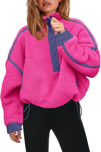 Panadila Womens Half Zip Fleece Pullover Sherpa Jacket (Hot Pink,M) | Quarter Zip Tops, Fuzzy Sweater, Soft Cozy Sweatshirt with Pockets, Winter, Warm Coat, Travel Outfits