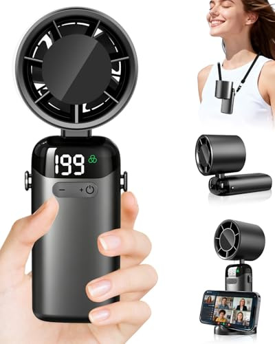 DDKJ Ventilador de Mano Turbo,Aire de Alta Velocidad, 5 Velocidades + 199 Ajustes Continuos, Batería Hasta 10 Horas,Pantalla LED, Portatil para Viajes, Oficina, Deportes y Exteriores-Negro