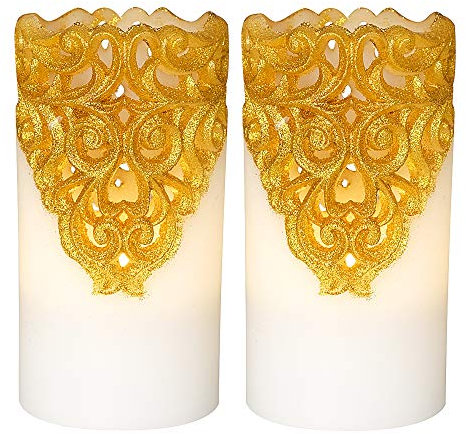 Eldnacele Candele natalizie senza fiamma, con timer 5H, in vera cera, funzionamento a batteria, per Natale, chiesa, confezione regalo, confezione da 2, colore: oro