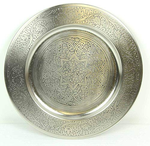 Casa Moro Marokkanisches Serviertablett Silber Ø 30cm rund aus Metall, Orientalisches Tee-Tablett, Kunsthandwerk aus Marrakesch Ostern Muttertag Dekoration Hoyam 30 TTB305S