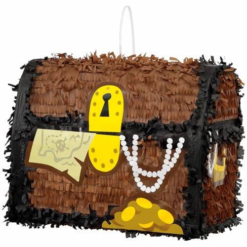 Piraten-Schatztruhe 3D-Piñata (29 cm x 26 cm) – atemberaubendes braunes und schwarzes Design – perfekt für Partys und Veranstaltungen – 1 Stück