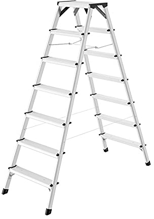 Hailo D60 StandardLine - Scala a doppio gradino in alluminio, 2 x 7 gradini fino a 150 kg, scala con protezione di espansione, piedini con suola morbida, con rinforzi angolari stabili, scala fissa in