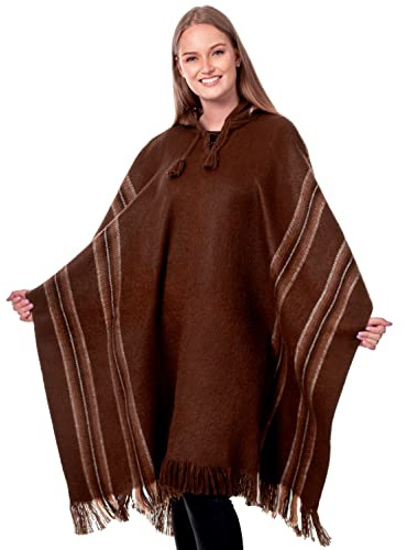 INTI ALPACA Alpaca Hooded Poncho for Women - Warm and soft - Cloak Cape Shawl (Brown)