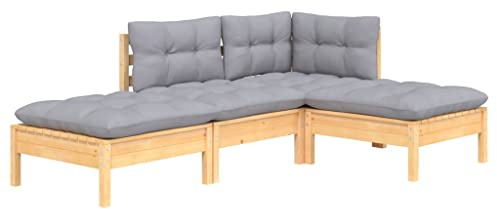 vidaXL Kiefernholz Massiv Gartenmöbel 4-TLG. mit Grauen Kissen Ecksofa Mittelsofa Fußhocker Sitzgruppe Sofa Lounge Garten Garnitur Gartenset Gartensofa