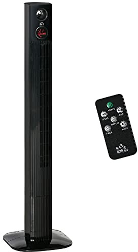 HOMCOM Ventilador de torre con mando a distancia, difusor de aroma, función de temporizador, 3 niveles de ventilación, 45 W, oscilación 70°, color negro, 31,5 x 31,5 x 117 cm