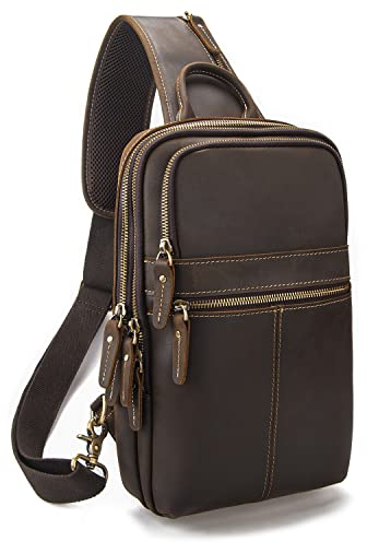 Taertii Vintage Schultertasche aus Vollnarbenleder für Herren, Crossbody-Tasche, Schultertasche, Brust, Reisen, Wandern, Tagesrucksack, Tasche für 27,9 cm (11 Zoll) iPad, Braun