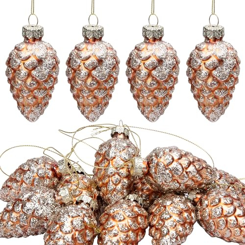 Watayo 12 Stück WeihnachtsTannenzapfenGlasornamente, hängende Tannenzapfen, lackierte Glasornamente, glitzernde Tannenzapfen, Handwerk, HerbstpartyDekorationen