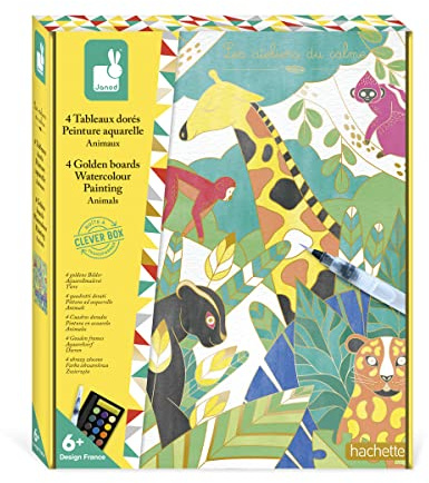 Janod - Coffret Peinture Aquarelle Animaux - Les Ateliers du Calme - Kit Loisir Créatif Enfant - 4 Tableaux Animaux Avec Dorure - Motricité Fine et Concentration - Dès 6 ans, J07959