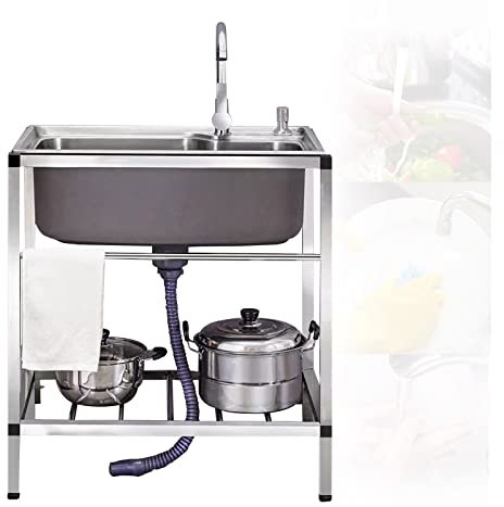 WORDFUN Fregadero De Cocina Independiente, Fregadero Camping con Grifo, Fregadero con Escurridor, Fregaderos De Acero Inoxidable, Mueble Fregadero, Fregadero De Comercial