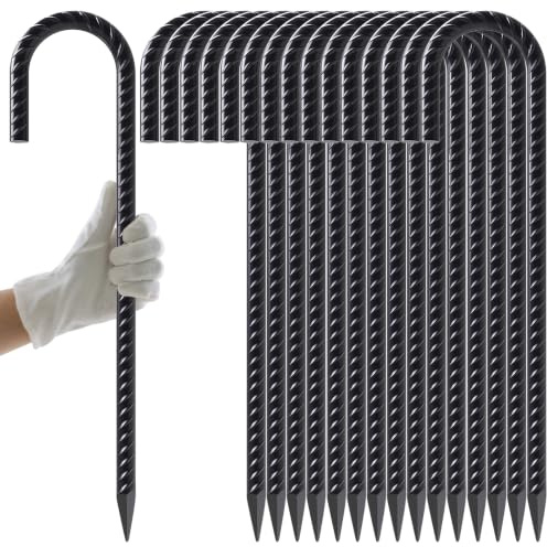 AAGUT 40,6 cm 8 Stück Bewehrungsstäbe 0,95 cm robuste J-Haken, Kettenglied-Zaunpfähle mit Meißelspitze, Stahl-Bodenanker für Zelt- und Outdoor-Dekorationen, schwarz beschichtet