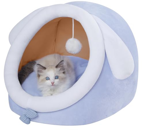 Jiupety Nettes Katzenhöhle, Katzen höhle Katzen bettchen, Katzen Bett M (38 cm x 37 cm x 32 cm), Katzenkörbchen mit rutschfestem Boden, Katzenkorb mit Waschbare Abnehmbare Kissen, Blau