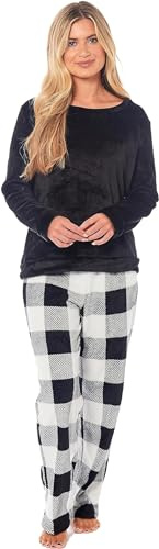 LIZZIE JACOBS Set pigiama da donna a quadri buffalo, super morbido, caldo e accogliente, in pile, per pigiama da notte, morbido, per il tempo libero, Nero , XL